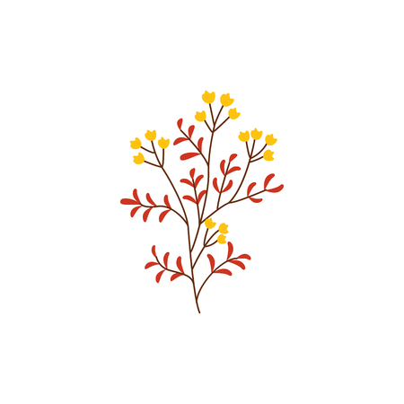 Autumn plant branch with ripe yellow berries and red leaves isolated on white background. Natural seasonal element for organic design in flat style - vector illustration of decorative object.のイラスト素材