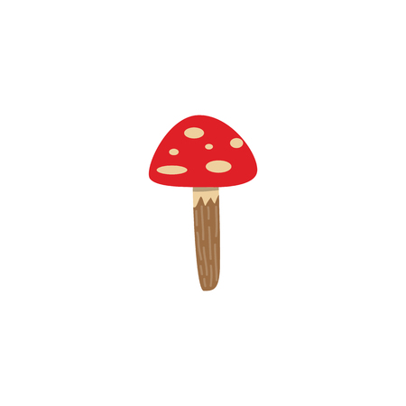 Amanita mushroom with red spotted cap isolated on white background - seasonal autumn element for natural design in flat style. Vector illustration of ripe poisonous fungus.のイラスト素材