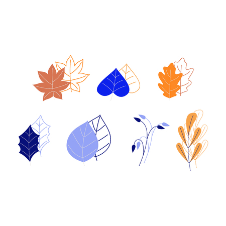 Plant leaves painted and linear set isolated on white background - decoration elements of trees and flowers leaves for using in your design in flat style, vector illustration.のイラスト素材
