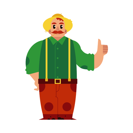 Farmer in straw hat with thumbs up isolated on white background - cute smiling male cartoon farm character with mustache showing ok gesture for eco-friendly concept in flat vector illustration.のイラスト素材