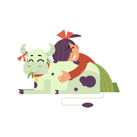 Kid girl hugging spotted cow with love - flat cartoon character of caucasian child embracing domestic farm animal isolated on white background. Vector illustration of caring for village animals.のイラスト素材