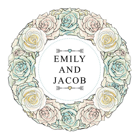 Save the date, Emily and Jacob invitation, wedding card template with white rose flower blossom leaves pattern. Floral natural decoration background backdrop fabric textile design. Vector illustrationのイラスト素材