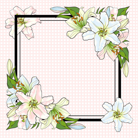 White lilies bouquet elements in sketch style at corners of square shape with copy space - vector illustration of pastel colored blooms with green leaves for greeting card or invitation.のイラスト素材