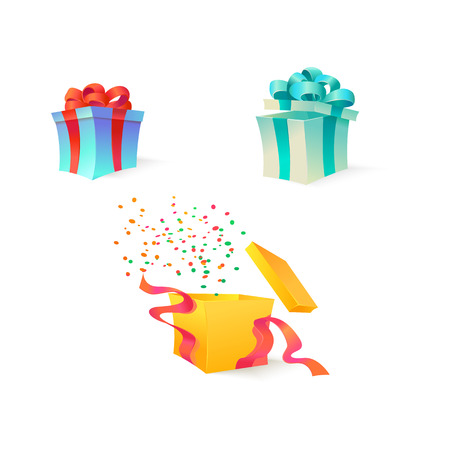 Vector cartoon present gift box set. bright wrapping, elegant ribbon bow confetti. Birthday anniversary party, new year christmas valentine xmas holiday decoration invatation greeting card designのイラスト素材