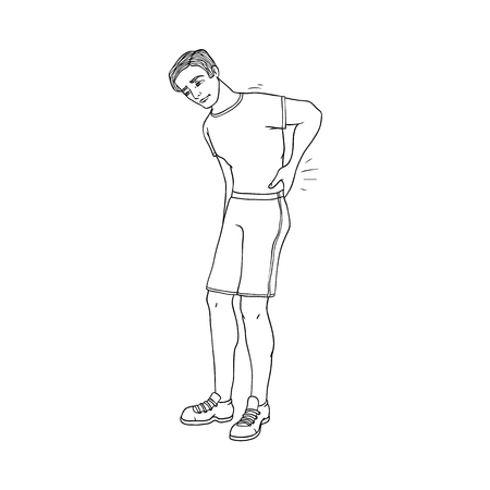 Young sportsman with backache in lower back isolated on white background. Black and white hand drawn character of guy with lumbago symptom touching his back because of pain. Vector illustration.のイラスト素材