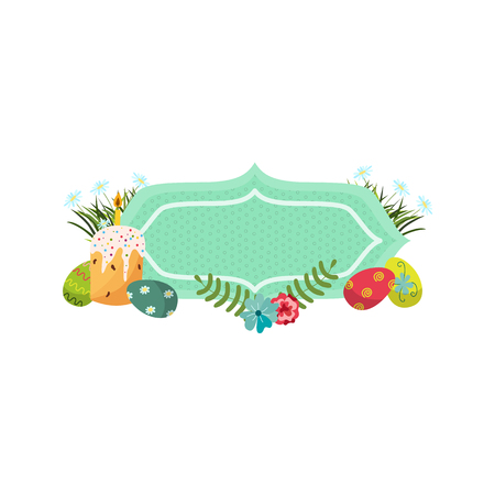vector easter holiday banner, poster template with spring elements icons decorated eggs, cake with candle daisy poppy cornflower flowers green grass leaves. White, isolated background illustration.のイラスト素材