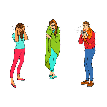 Sick characters set of people with health problems isolated on white background - colorful hand drawn man and women with symptoms of cold and flu and headache. Vector illustration.のイラスト素材