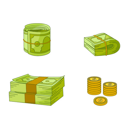 Vector flat cash money piles, stack heap bundle, golden coins set. Bank hundred dollar banknotes. Business finance success, jackpot banking loan credit symbol. Isolated illustration, white backgroundのイラスト素材