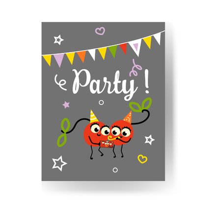 Fruit summer party banner with two red ripe cherries in party hats making selfie on mobile phone and having fun. Cute cartoon characters of celebrating holiday joyful berries. Vector illustration.のイラスト素材