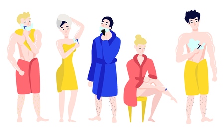 Vector flat girls in bathrobe, towel removing hair from body parts with razor epilator, men shaving. Woman, male hygiene, health skincare, cosmetics concept. Isolated illustration, white background.のイラスト素材