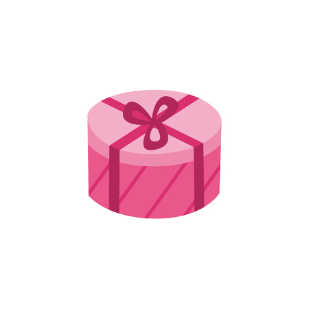 Present round box with pink wrapping and ribbon bow. Birthday party, anniversary celebration, new year christmas, valentine day xmas holiday invatation greeting card design vector illustrationのイラスト素材