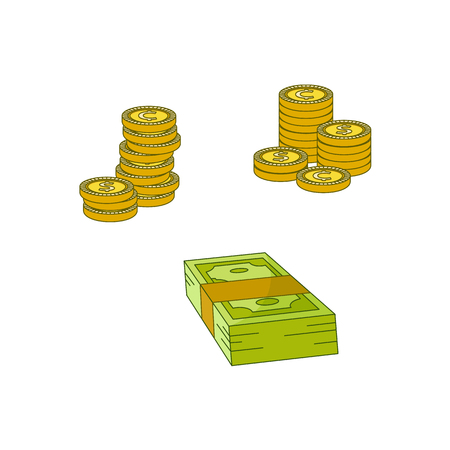 Vector flat cash money piles, stack heap bundle, golden coins set. Bank hundred dollar banknotes. Business finance success, jackpot banking loan credit symbol. Isolated illustration, white backgroundのイラスト素材