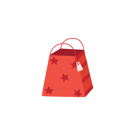 Present, gift paper bag with red wrapping with stars icon. Birthday party celebration, christmas, new year holiday packaging or shopping merchandise design. Vector flat illustrationのイラスト素材