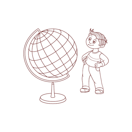 Schoolboy with globe sphere map isolated on white background - black and white hand drawn cartoon little child stands and looks with curiosity at Earth sphere model. Vector illustration.のイラスト素材