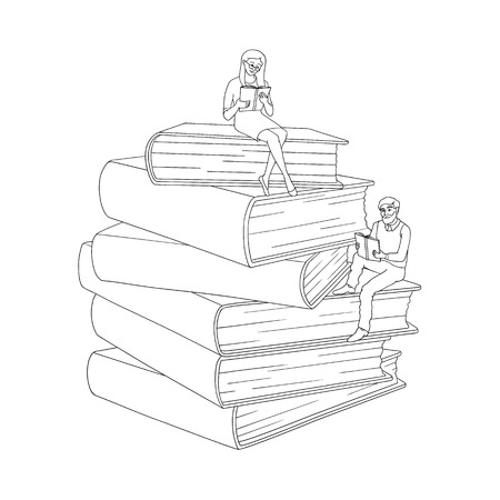 Vector hand drawn adult smiling man, woman in casual clothing sitting at pile of book reading textbook. Isolated illustration white background. Education library related design Monochrome illustrationのイラスト素材