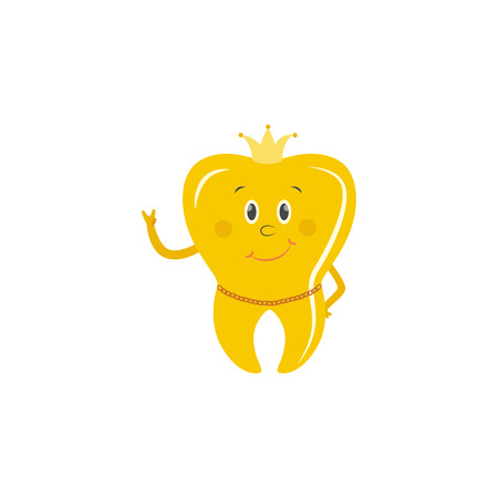 Golden tooth crown cartoon character stands smiling showing peace hand gesture with crown on head and gold chain around neck isolated on white background, vector illustration.のイラスト素材