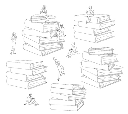 Vector hand drawn sketch people reading books, learning concept set. Girl student or worker standing read, man running with books, adult characters sitting at book piles. Monochrome illustrationのイラスト素材