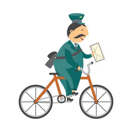 Cartoon postman cheerful character standing delivering parcel box by bicycle. Man in professional green uniform peaked cap. Delivery service worker, mailman. Vector illustrationのイラスト素材