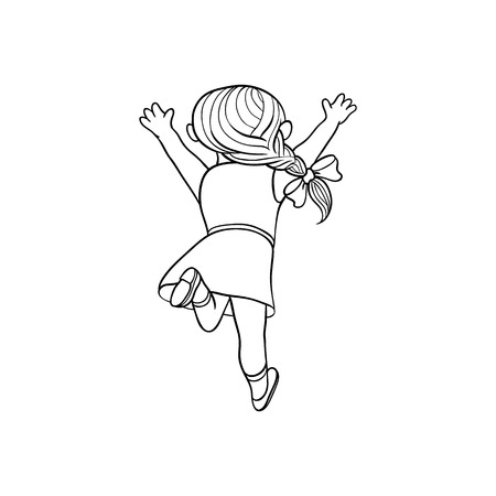Girl in summer dress running looking back. Ranaway kid icon. Sketch teen female character with bow in pigtail, child running with afraid face back view. Isolated monochrome vector illustrationのイラスト素材
