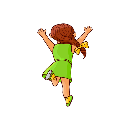 Girl in summer dress running looking back. Ranaway kid icon. Sketch teen female brunette character with bow in pigtail, child running with afraid face back view. Isolated vector illustrationのイラスト素材