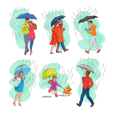 Vector sketch people characters walking under rain umbrella set. Young senior elderly couples hugging girl kid running with dog puppy woman waving hand, caucasian man smartphone, african one smilingのイラスト素材