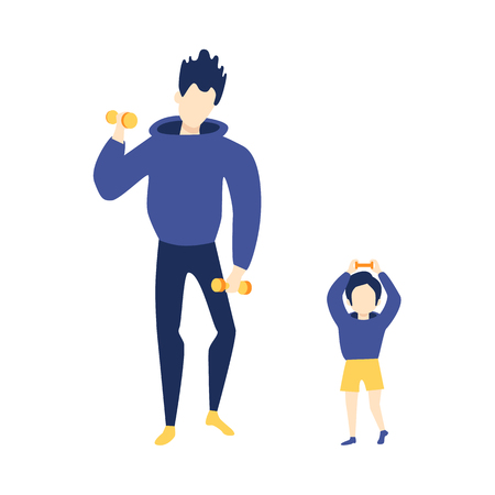 Vector flat young slim man in athletic clothing - hoodie sweater, pullover and boy kid in shorts doing dumbbells workout exercises. Active lifestyle male characters doing sport. Isolated illustrationのイラスト素材