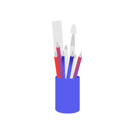 Blue plastic cup with chancery filling isolated on white background. Colorful pencils, ruler and other school supplies - flat vector illustration of instruments and tools for study or art.のイラスト素材