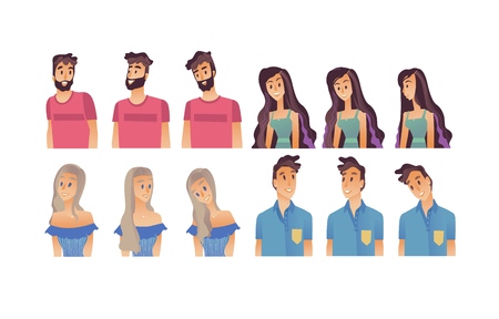 Young woman, man flat avatar for social networks, blogs use set. Long haired smiling girls in dress, male characters in tshirt portraits. Vector illustrationのイラスト素材