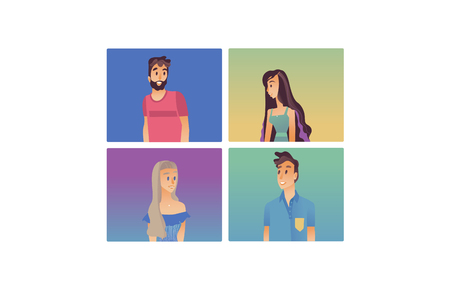 Young woman, man flat avatar for social networks, blogs use set. Long haired smiling girls in dress,...