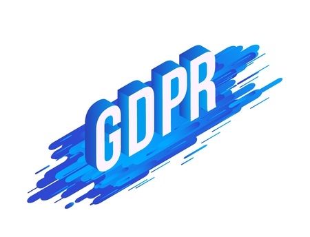 GDPR isometric gradient text design on abstract geometric blue fluid color shapes and stripes isolated on white background, vector illustration of modern volumetric word.のイラスト素材