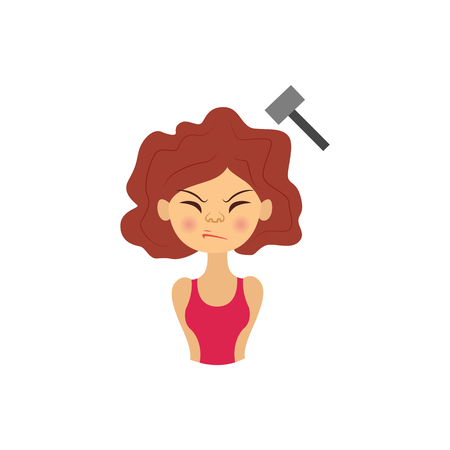 Unhappy young woman with headache and hummer smashing her head. Sad female character with migraine pain, painful facial expression. Healthcare medical concept. Vector illustrationのイラスト素材