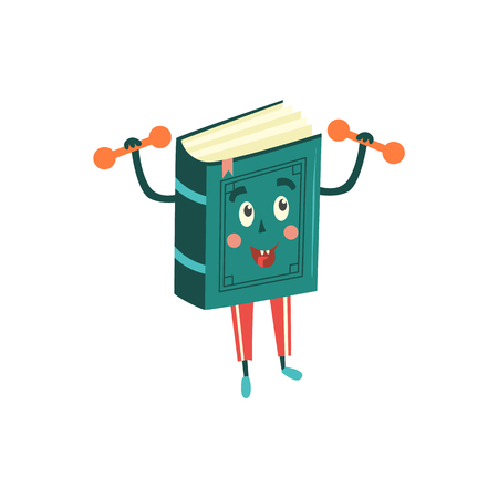 Flat book character athlete working out in gym doing dumbbell exercise. Vector humanized sport textbook for kindergarten, preschool and school kids design.のイラスト素材