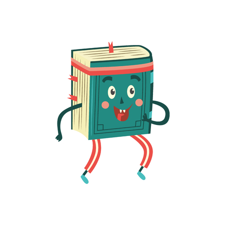 Flat book character athlete jogging or running with smile at face. Vector humanized sport textbook for kindergarten, preschool and school kids design.のイラスト素材