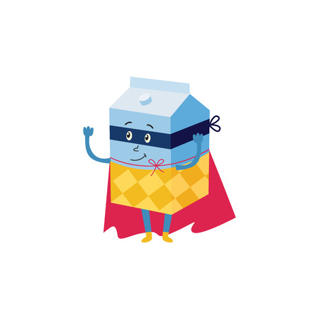 cartoon milk package hero character in black cape, mask and costume standing dancing. Isolated vector illustration. Funny drink, super beverage protecting people healthのイラスト素材
