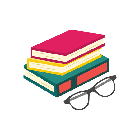 Flat book pile or column and glasses top view. Paper symbol of education, library literature and wisdom. School, college or university studying equipment. Vector isolated illustration.のイラスト素材
