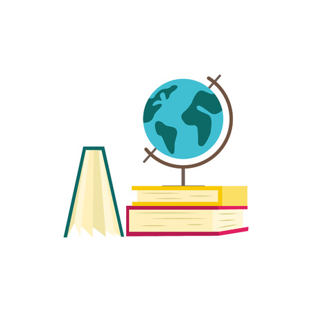 Pile of paper books with colorful hardcover and globe sphere model of earth isolated on white background - equipment for education or science in flat vector illustration.のイラスト素材