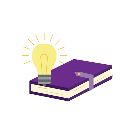 Closed paper book or diary with violet hardcover and clasp and luminous light bulb isolated on white background - element of education or business idea concept in flat vector illustration.のイラスト素材
