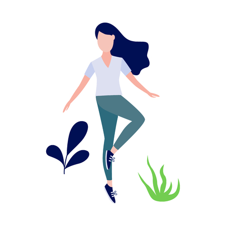 Cute slim girl standing doing yoga exercise or stretching on abstract floral background elements. Young woman and healthy lifestyle and harmony concept. Vector illustrationのイラスト素材