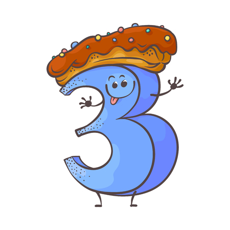 Cute cookie number three 3 character with delicious donut at his head. Typographic humanized symbol with hands, arm and face emotions. Kids birthday holiday party font sign. Vector illustrationのイラスト素材