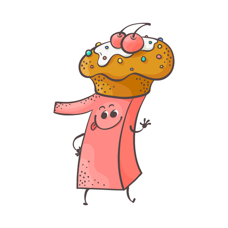 Cute cookie number one 1 character with delicious cake, biscuit at his head. Typographic humanized symbol with hands, arm and face emotions. Kids birthday holiday party font sign. Vector illustrationのイラスト素材