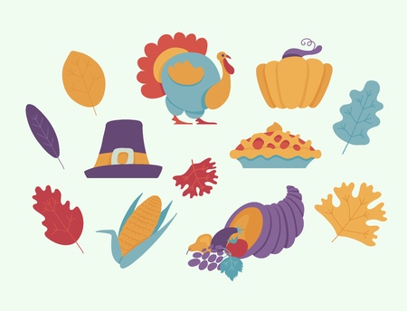 Thanksgiving day elements for holiday design in flat style - symbols of food abundance isolated on white background. Traditional family celebration dinner meals in vector illustration.のイラスト素材