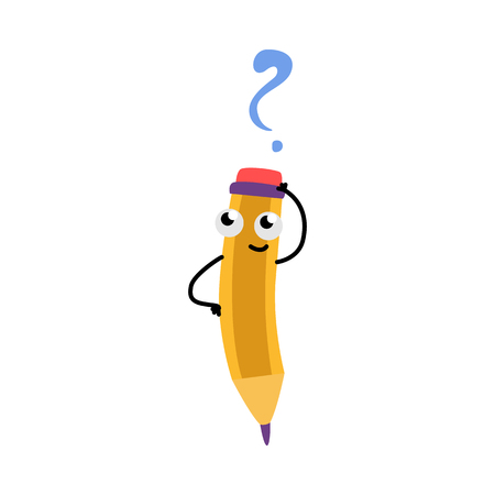 Cute yellow pencil character with eraser stretching head with question smiling. Happy humanized education and back to school symbols with arms, legs facial emotions. Vector isolated illustrationのイラスト素材