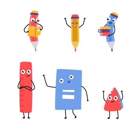 Cute pencil characters holding books and school supply - rular, textbook and eraser waving hand set. Happy vector hymanized education and back to school symbols with arms, legs facial emotionsのイラスト素材