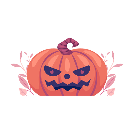 Halloween carved pumpkin with scary face emotion - traditional holiday emoticon cutted on orange ripe vegetable isolated on white background with plant leaves in flat vector illustration.のイラスト素材