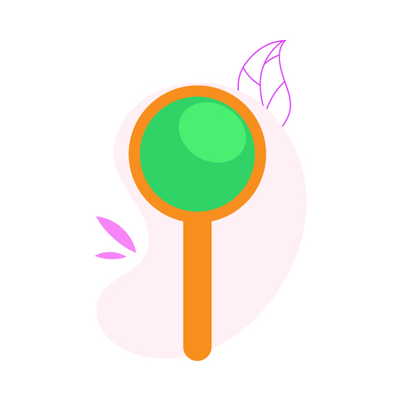 Magnifier with zooming glass in frame with handle - optical device for magnification isolated on white background with decoration. Hand loupe using for searching or reading in vector illustration.のイラスト素材