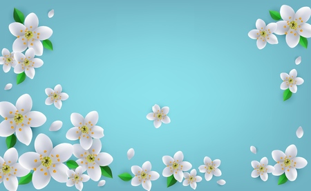 Spring or summer banner with white flowers and green leaves on blue gradient background with copy space. Decorative seasonal backdrop with fresh beautiful flowers in vector illustration.のイラスト素材