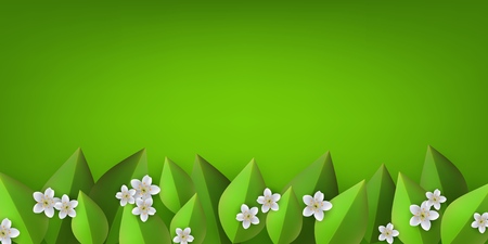 Green leaves with white flowers frame template with text space on green background. Abstract natural decoration pattern. Summer vacation, oraganic food vector poster illustrationのイラスト素材