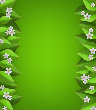 Floral border with white apple or cherry blossoms on fresh leaves on green gradient background - decorative spring or summer frame with flowers and greenery in vector illustration.のイラスト素材