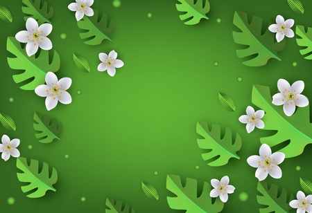 Floral banner with white apple or cherry blossoms and green monstera leaves on green gradient background with copy space - seasonal vector illustration of beautiful flowers and foliage.のイラスト素材