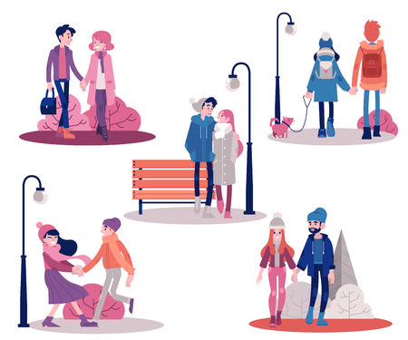 Vector couple walking holding hands at autumn in outdoor clothing on bench, streetlight abstract florals background set. Young man and woman dating together. Male female characters at romantic walkのイラスト素材